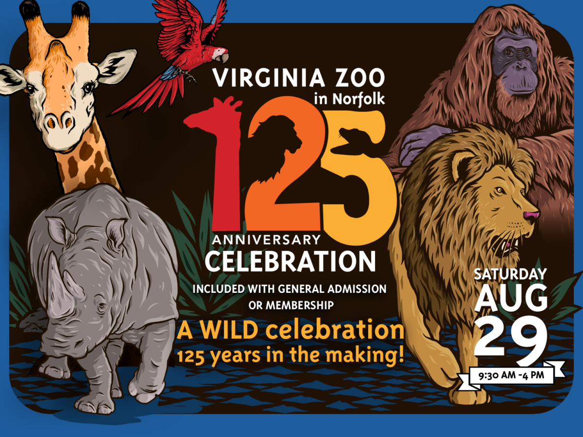 An illustrative graphic featuring the Virginia Zoo's 125th logo, and artwork of the zoo's most popular animals: A rhino, a lion, an orangutan, and a giraffe.